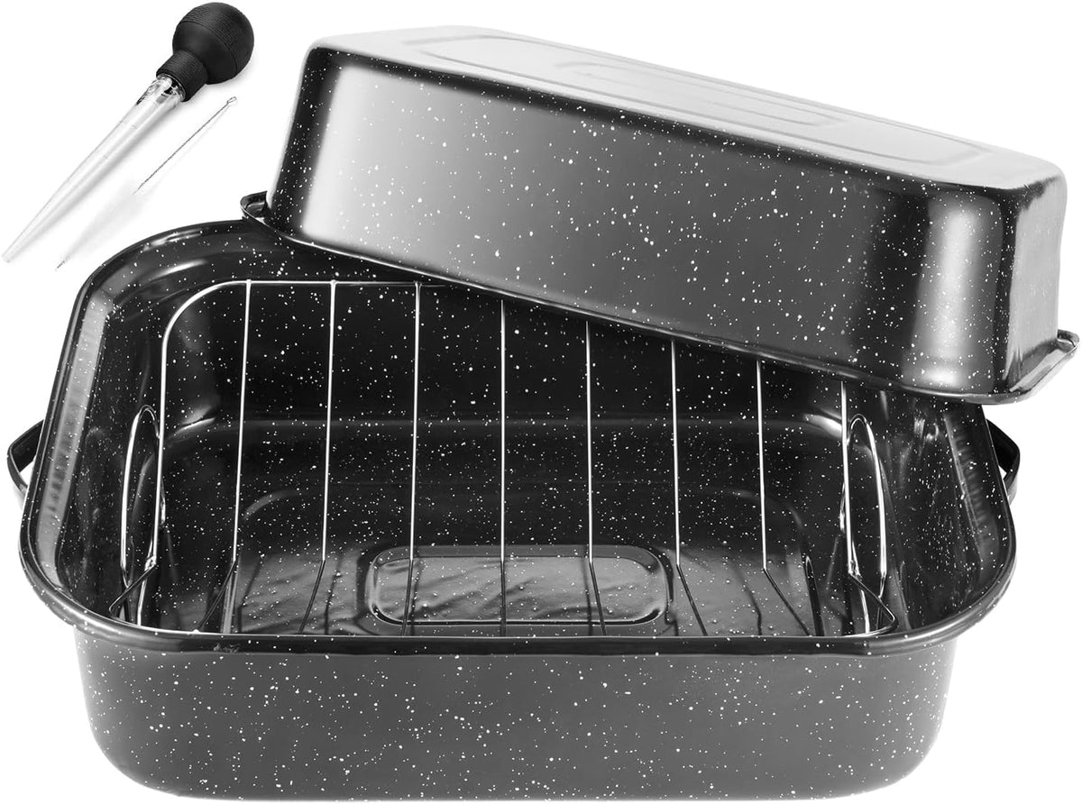 JY COOKMENT Roasting Pan With Lid and Rack, 21' Rectangular, 25lb Turkey Roaster Pot, Large Oven Roaster Tray, V-Rack and Versatile Lid Bone Turkey Baster