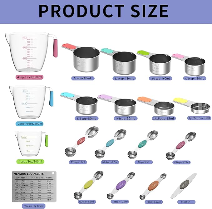 Magnetic Measuring Cups and Spoons Set, 5 Stainless Steel Measuring Cups for Dry and Liquid Ingredients, 7 Magnetic Measuring Spoons, 3 Plastic Measuring Cup with 1 Measuring Conversion Chart