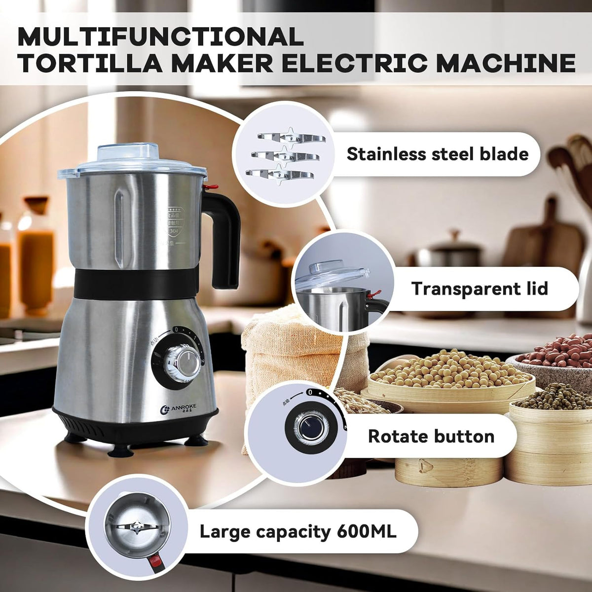 Electric Spice and Nut Grinders - 3 Stainless Steel Blades, 1 Filter, 1 Brush - 500W Grinder for Kitchen Dry Use (Black)