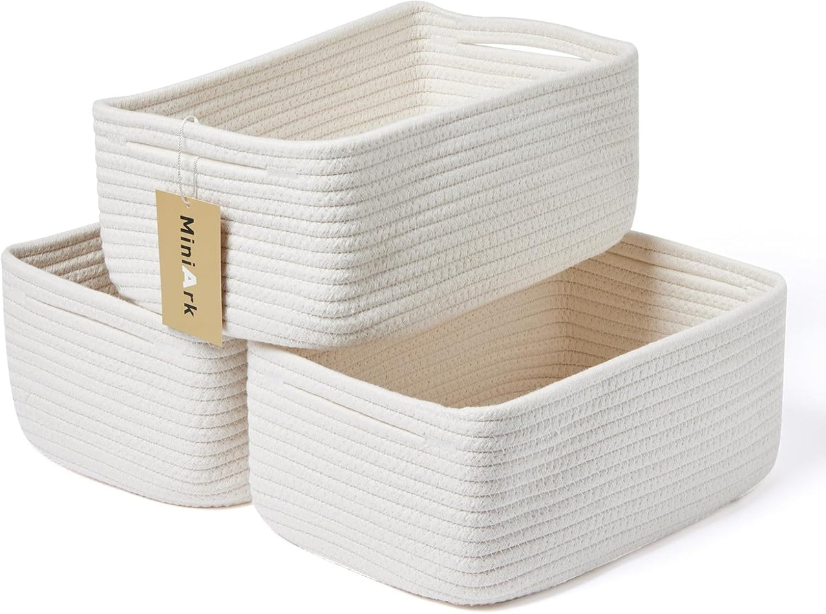 Small Storage Baskets for Organizing | Closet Organizer Bins | Shelf Toy Basket | Woven Rope Baskets | Cube Decorative Box | Shallow Basket | 13x8.5x5.1” | 3 Packs Off White