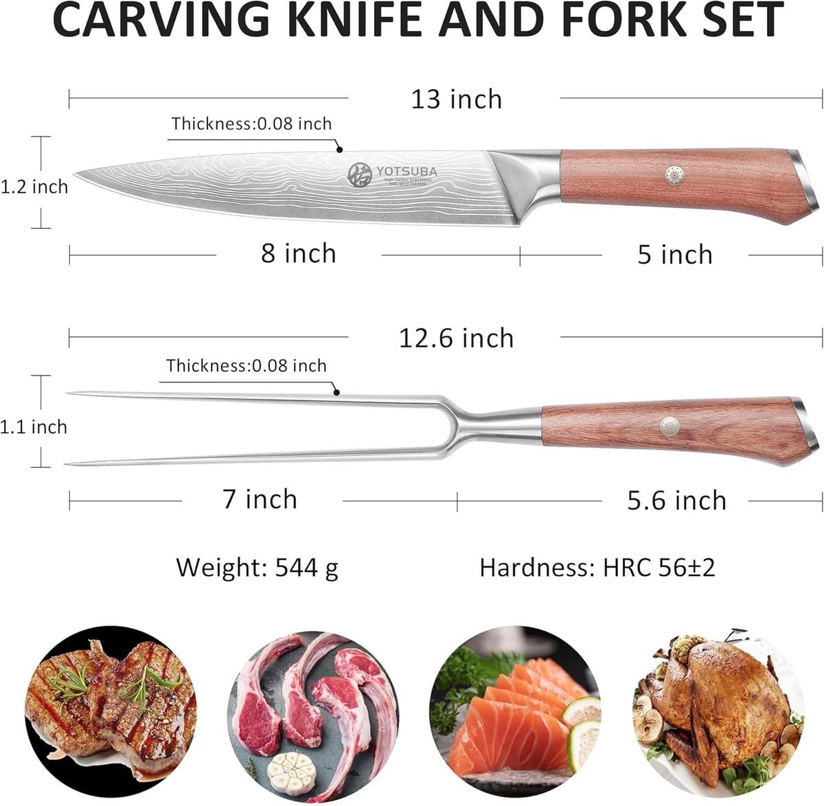 YOTSUBA Carving Knife and Fork Set, Meat Cutting Knife, Razor-Sharp German Stainless Steel Knives Fork Set with Ergonomic Wood Handle, Slicing Knives for Meats, BBQ & Vegetables