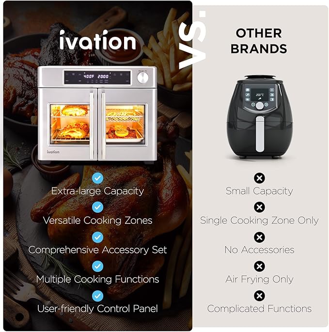 Ivation Dual Zone Air Fryer French Door Oven - 32 Quatity Convection Toaster Combo, 10-in-1 Multifunction Up to 450° - 1800W - Temperature Control, Timer - Stainless Steel - Dehydrate, Bake, Roast