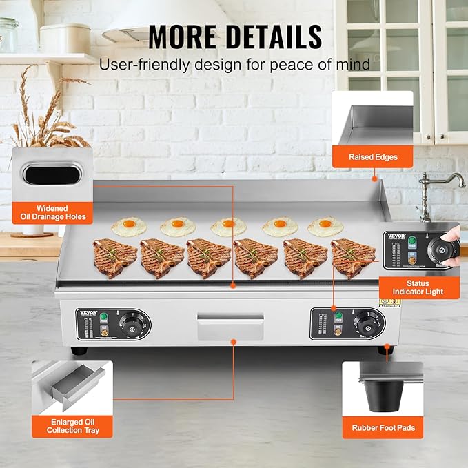 VEVOR Commercial Electric Griddle, 2800W Countertop Flat Top Grill, 122℉-572 ℉ Adjustable Temp, 29in Stainless Steel Griddle Grill with 2 Shovels and 2 Brushes for Home or Restaurant(110V No Plug)