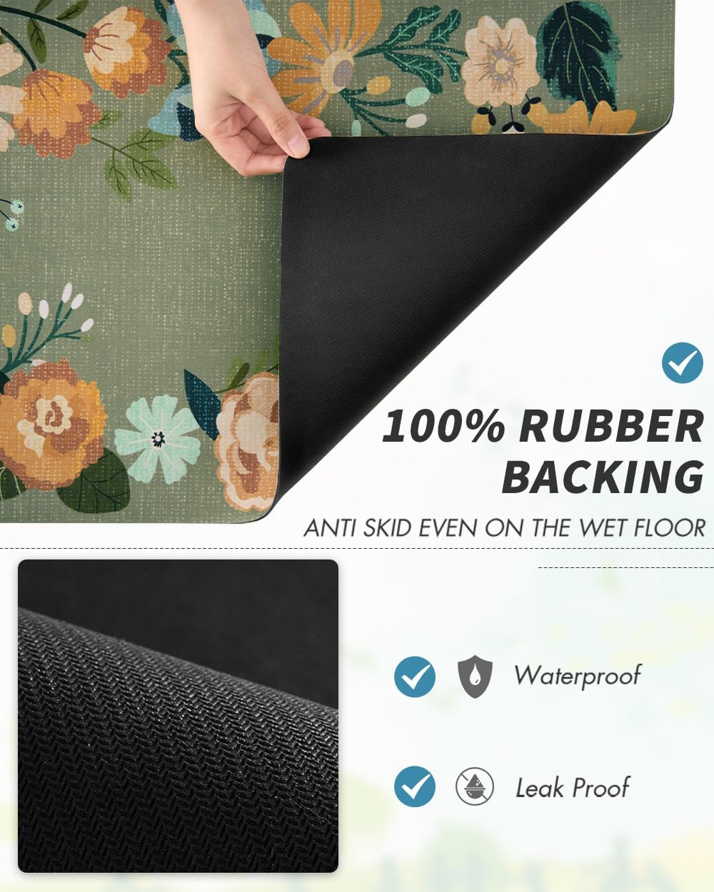 AMOAMI Coffee Mat - Hide Stain Rubber Backed Absorbent Dish Drying Mat for Kitchen Counter - Bar Accessories Fit Under Coffee Maker, Espresso Machine, Dish Rack - Floral Green 16x24
