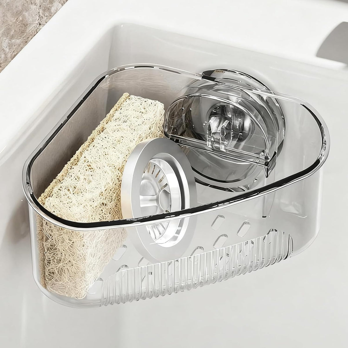 Sink Strainer Basket, Triangle Suction Cup Sink Corner Rack, New Upgraded Corner Sink Strainer with Drainage Hole, Punch-free Corner Sink Trash Catcher for Kitchen and Bathroom (Transparent)
