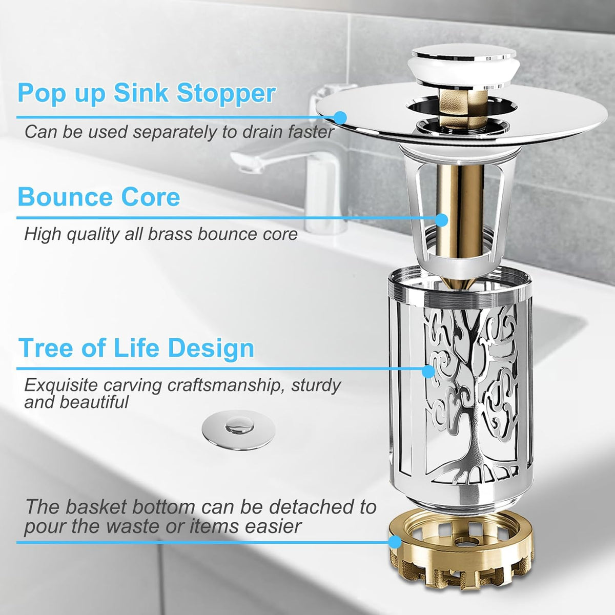 Bathroom Sink Drain Stopper, Bathroom Sink Drain Strainer with Pop Up and Removable Hair Catcher Basket, Universal for 1.06 to 1.6in Sink Drain, Chrome Silver