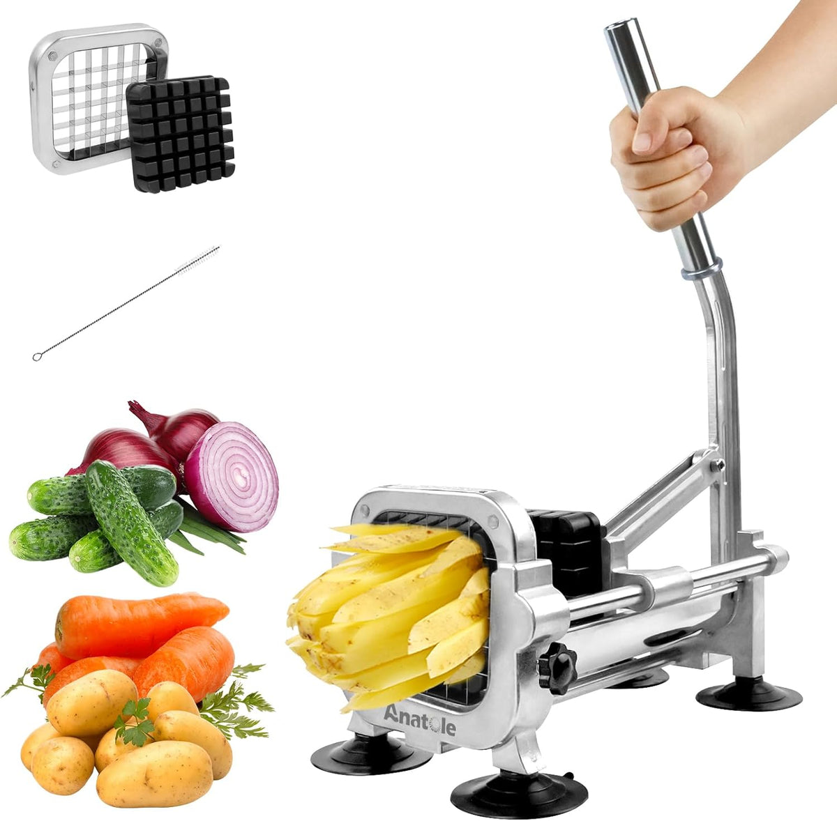 Anatole Professional French Fry Cutter Stainless Steel with 1/2'' Blade Manual Potato Slicer Veggie Chopper Homestyle Dicer for Onions Carrots Cucumbers