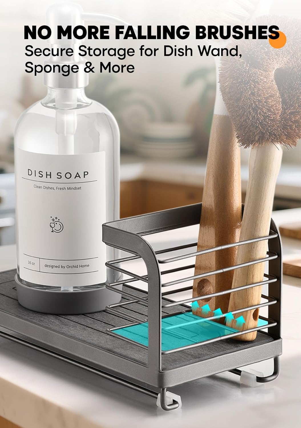 Kitchen Soap Dispenser Set with Drying Tray – 16oz Glass Bottles with Stainless Steel Pumps, Sink Organizer Caddy with Brush Holder & Non-Slip Feet – All-in-One Dish & Hand Soap Station