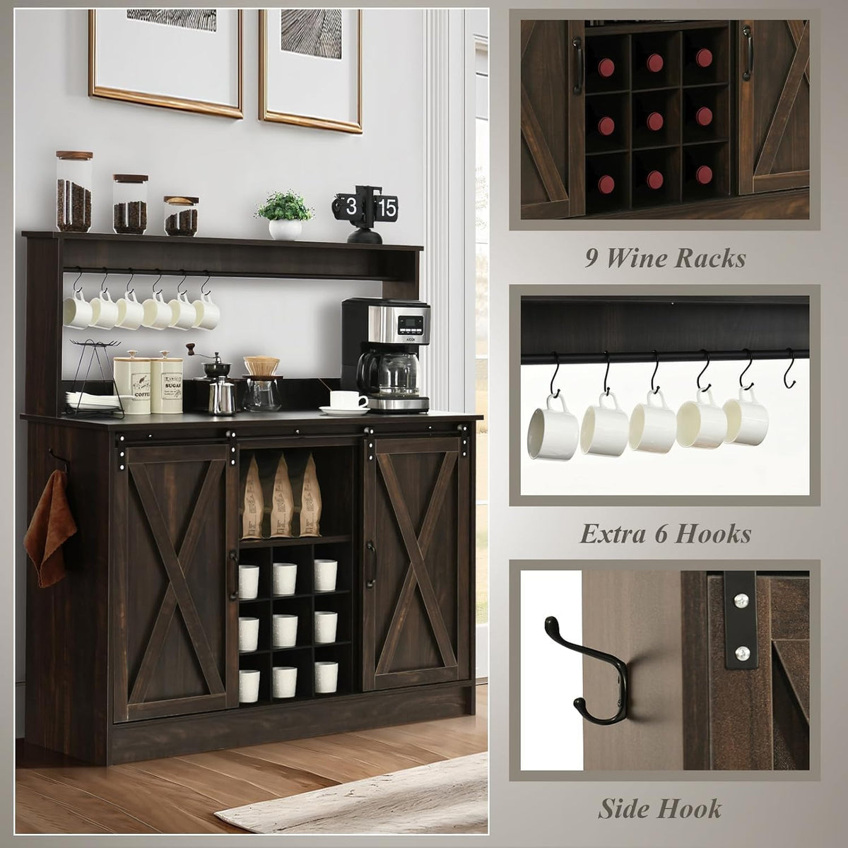 4ever2buy Farmhouse Coffee Bar Cabinet with Hutch and 6 Hooks, 47 Inch Wine Cabinet with Storage, Kitchen Buffet Cabinet with Adjustable Shelves &9 Wine Racks for Living Dining Room, Dark Oak