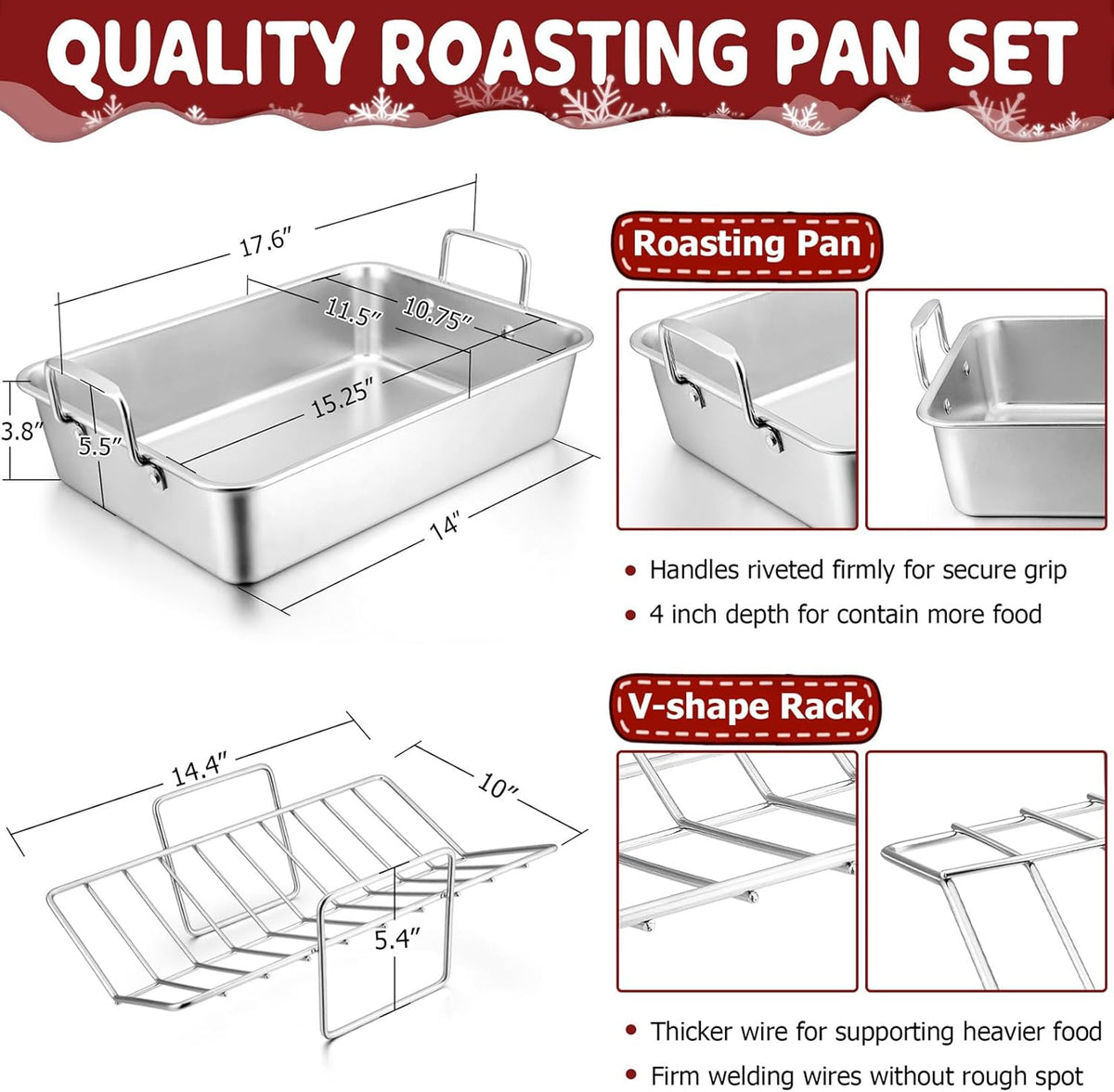 Roasting Pan with Rack for Turkey Chicken, Joyfair Stainless Steel Roaster Pan and V-rack for Toaster Oven, Rectangular Bakeware with Sturdy Handles, Heavy Duty & Dishwasher Safe (Large)