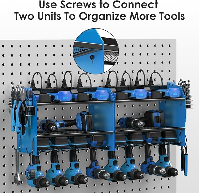 CCCEI Modular Power Tool Organizer Wall Mount with Charging Station. Garage Drill Storage Shelf with Hooks, Heavy Duty Rack, Tool Battery Holder Built in 8 Outlet. Gift for Men. Blue, 1 Pack.