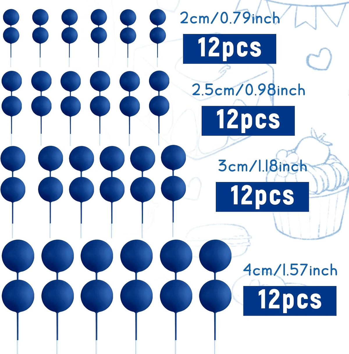 48 Pcs Balls Cake Topper Decorations Balloon Cupcake Toppers Foam Cake Topper Balls Cake Balls Decorations for Birthday Party Wedding Anniversary Cake Decorating (Royal Blue)