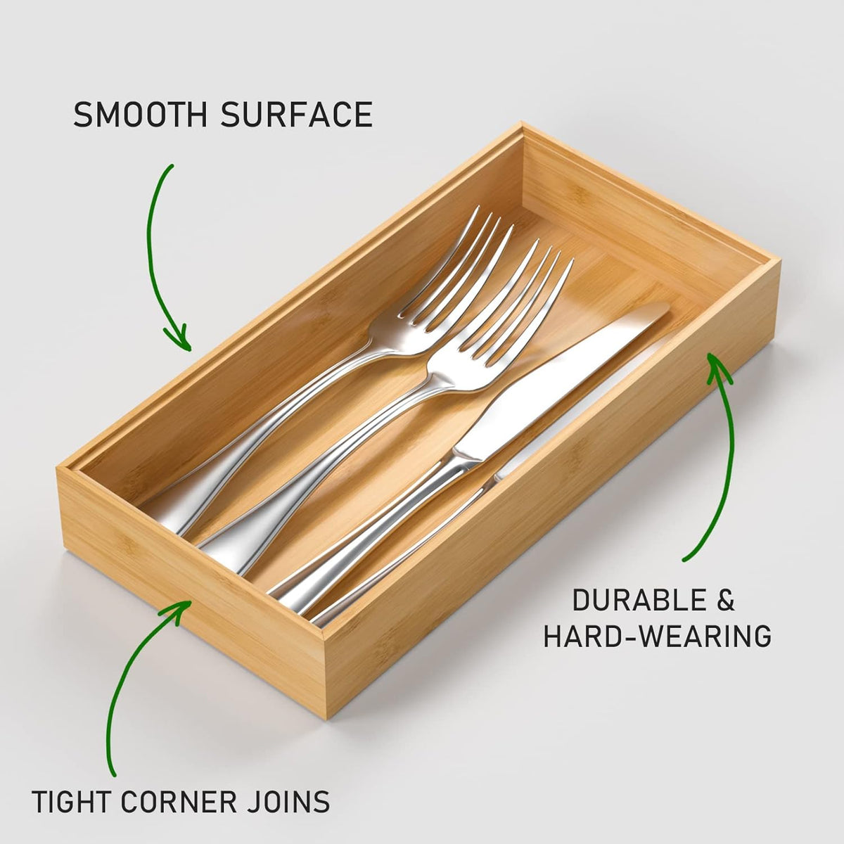 Silverware Tray for Drawer, Stackable Kitchen Bamboo Drawer Organizer 12" x 6" x 2" Set of 2