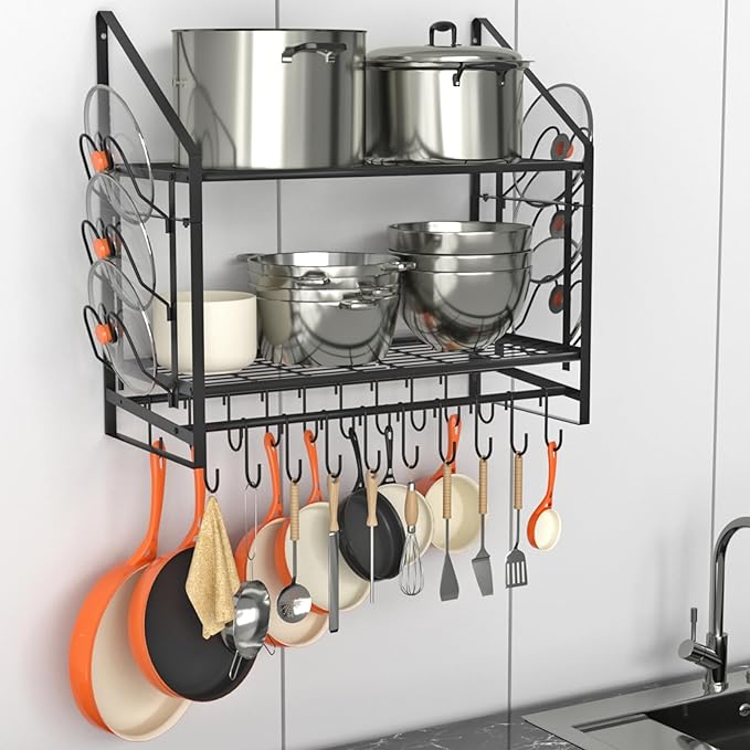 VyGrow 28 Inch Pot Rack Wall Mounted, 2 Tier Pots and Pans Organizer with 20 Hooks and 6 Pot Lid Holders, Heavy Duty Steel Pot and Pan Hanger for Kitchen Cookware Utensils Storage 34.7" Lx13 Wx26.4 H