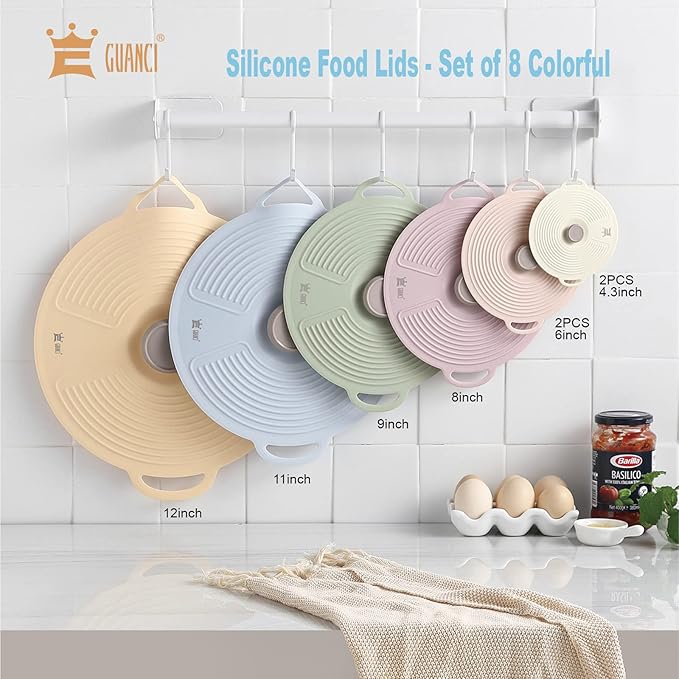 GUANCI Silicone Lids for Bowl 8 Pack, Microwave Splatter Cover with 6 Sizes Reusable Heat Resistant Lids Fits Cups, Bowls, Plates, Pots, Pans, Skillets, Stove Top, Oven, Fridge Dishwasher Safe