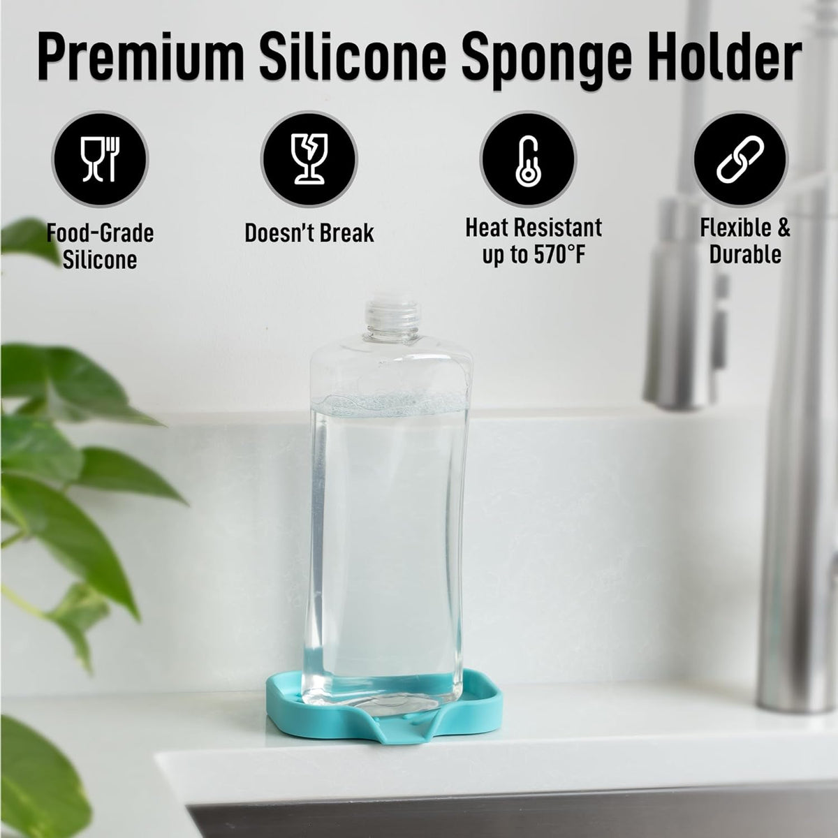 Zulay Kitchen Small Silicone Sponge Holder (4.9x3.3”) – Space-Saving Sink Organizer Tray for Sponge, Soap, Brush & More – Compact Non-Slip Dish for Kitchen & Bathroom (Aqua Sky)