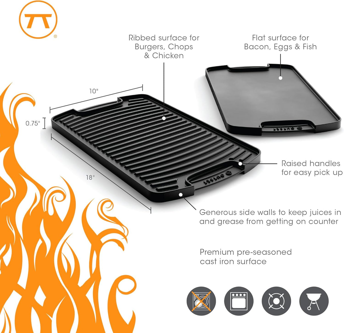 Outset Cast Iron Grill Griddle, Reversible Stovetop and Grill Griddle, 18" x 10"