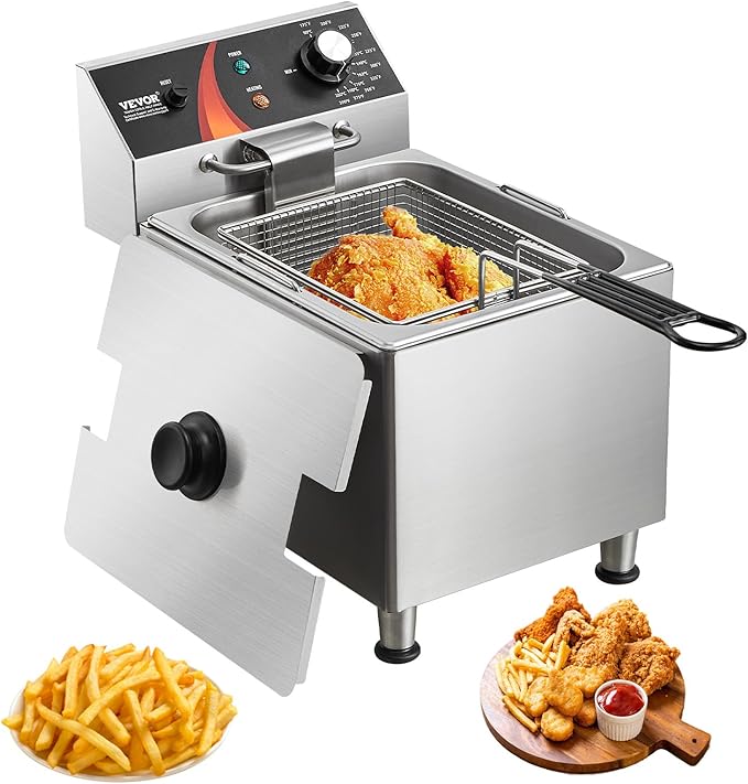 VEVOR Commercial Deep Fryer, 1750W Electric Countertop Fryer with Basket & Height-Adjustable Feet, 12Qt / 11.5L Stainless Steel Single Oil Fryer, Temp Control, Overheat Protection, for Restaurant Use