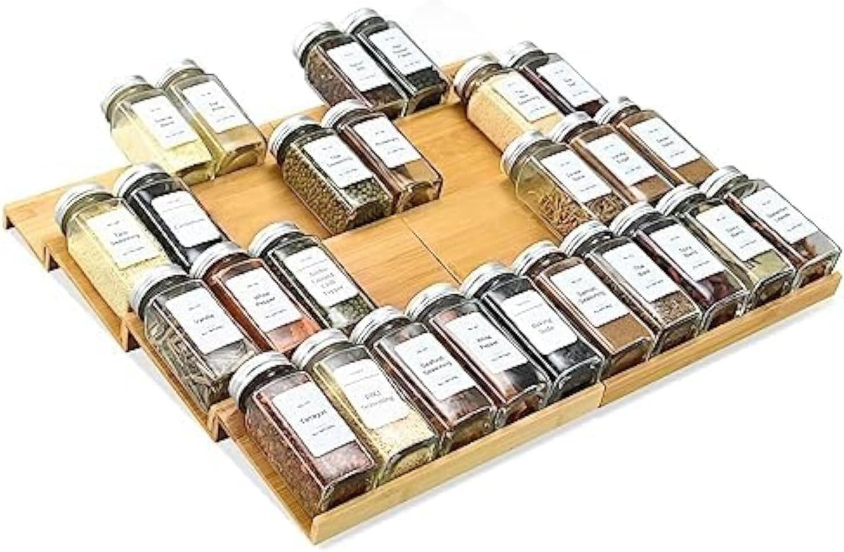 Spice Drawer Organzier,4 Tiers- 8Pcs Bamboo Spice Rack Tray Insert for Cabinet Drawer Countertop, Kitchen Seasoning Storage Drawer Organization,18" Wide x 15.8" Deep （Hold UP To 40 Jars