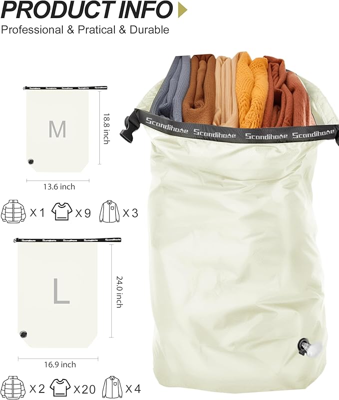 Travel Laundry Bag, Pump Free Vacuum Storage Bag Reusable Compression Dirty Clothes Travel Bag Waterproof Wet Dry Bags Large Capacity Space Saver Bags Camp Clothes Organizer (1 Pcs)(White, M)