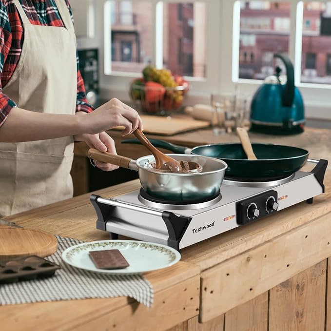 Hot Plate, Techwood Double Burner for Cooking, 1800W Countertop Electric Stoves with Adjustable Temperature & Stay Cool Handles, Dual Cooktop for RV/Home/Camp, Upgraded Version Stainless Steel, Silver