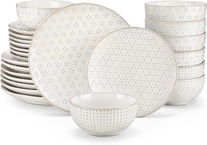 MALACASA 24 Piece Dinnerware Set, Embossed Ceramic Dish Sets Service for 8, Plates and Bowls Set, Durable Stoneware Tableware for Family Dinners, Dishwasher & Microwave Safe