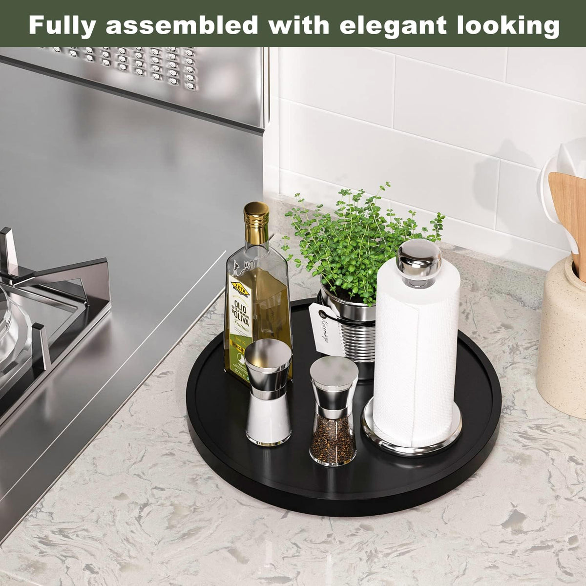 Lazy Susan for Table, 12 Inch Non-Skid Bamboo Turntable Organizer for Salt Pepper Spices and Olive Oil Next to Stove, Wooden Rotating Tray for Kitchen Countertop Organizer Black
