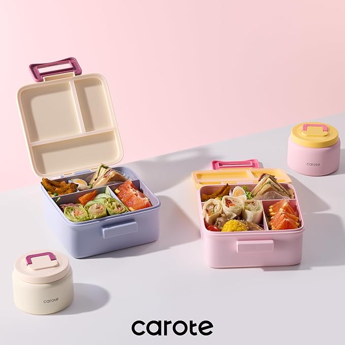 CAROTE Bento Box for Kids, Lunch Box Kids with 8oz Thermos for Hot Food, Lunch Container for Girls Boys, 3 or 5 Compartments with 2 Removable Dividers, BPA Free/Leak Proof/Dishwasher Safe