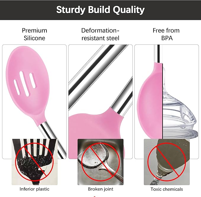 Silicone Spatula Spoon Set, 4 PCS Silicone Cooking Utensils Spatula Spoon Set with Stainless Steel Handle, BPA Free Kitchen Turners for Frying, Mixing, Serving, Draining, Turning, Stirring, Pink