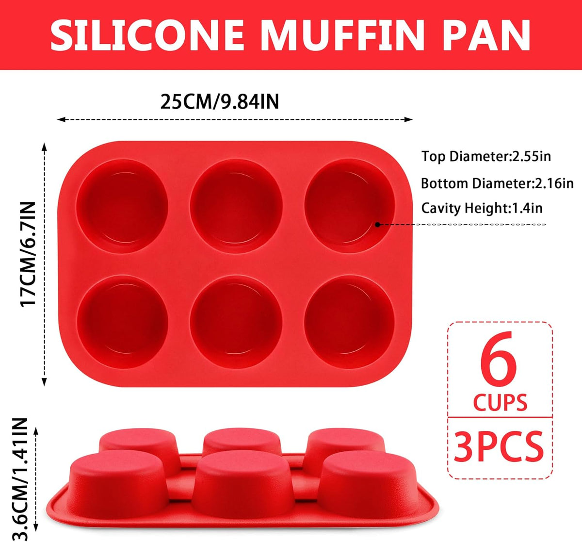3-Pack 6-Cup Silicone Muffin Pans, Nonstick Cupcake Baking Molds, BPA/PFA-Free, Dishwasher & Oven Safe - Red