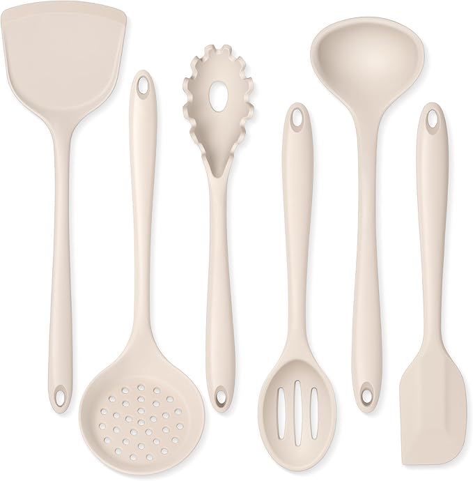 Onader Kitchen Utensils Set, Silicone Non Toxic Cooking Utensils, 6 Pcs Heat Resistant Kitchen Gadgets Set for Nonstick Cookware - Khaki