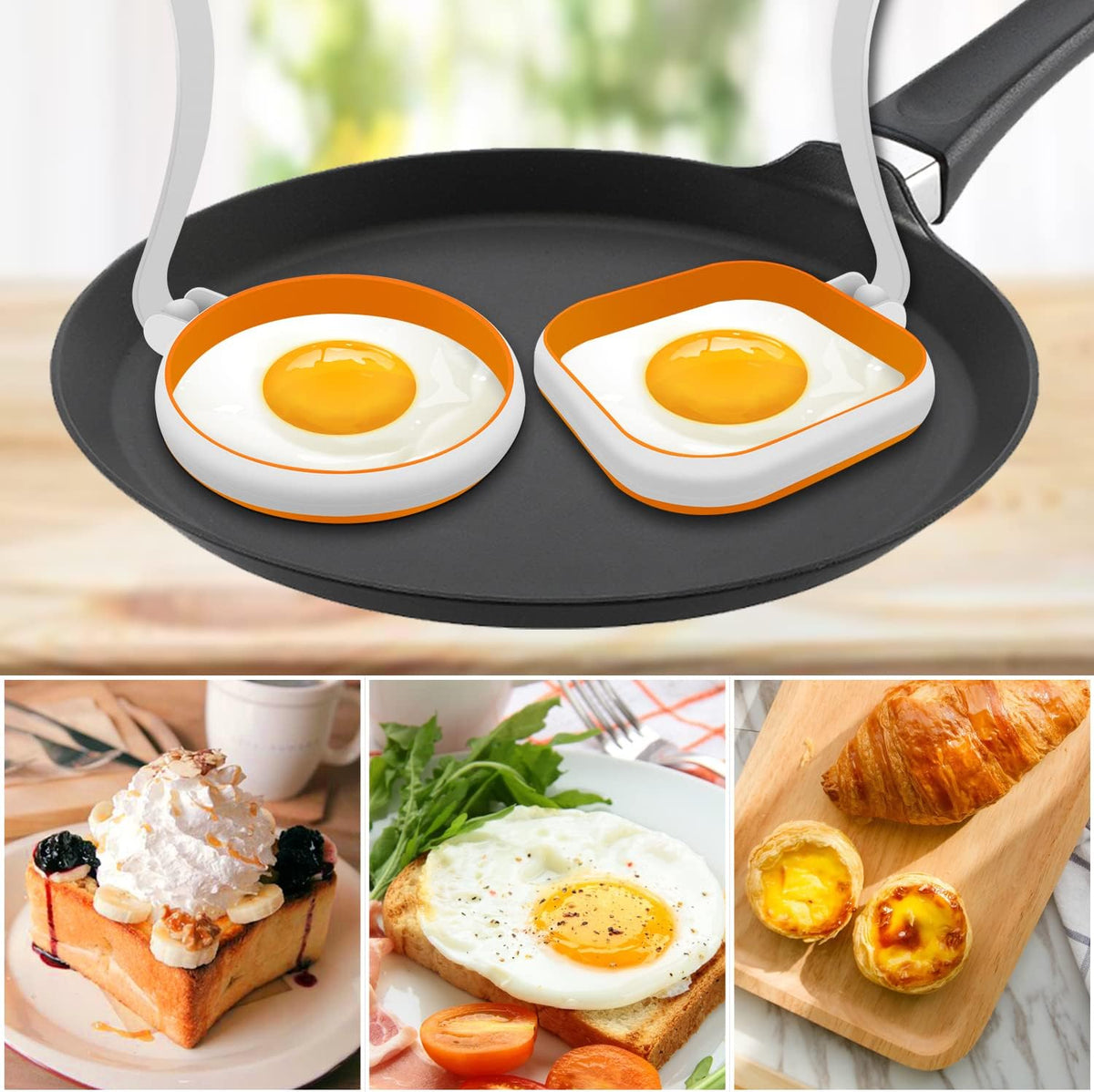 GOYLSER White Food Grade Silicone Egg Rings, 2 Pack Square Egg Rings + 2 Pack Round Egg Molds for Cooking, 4 Pack Fried Egg Shapes