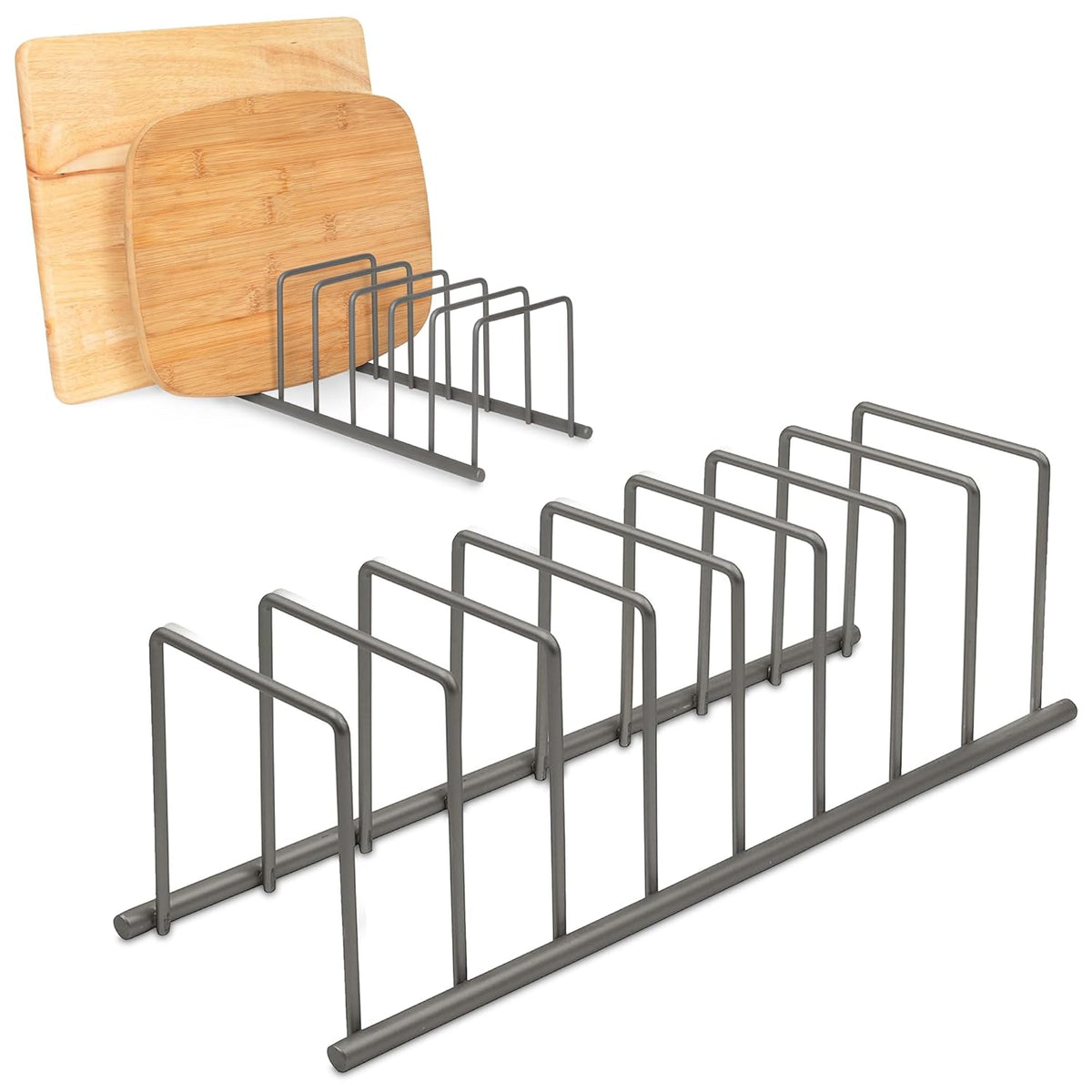Spectrum Euro Cutting Board Holder Stand for Countertop or Inside Kitchen Cabinet Organization Industrial Gray, 8 Slot Cutting Board Drying Rack or Cabinet Plate Bakeware Storage Organizer