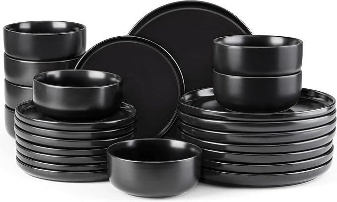 E-far Stoneware Dinnerware Sets for 8, 24-Piece Plates and Bowls Set, Modern Ceramic Dishes Dinning Ware, Microwave & Dishwasher Safe - Matte Black