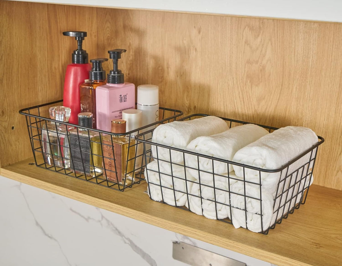 Wire Kitchen Storage Basket 2 Packs,Perfect Pantry Organization Accessories Basket,Laundry,Countertop Organization,Suitable for Kitchen,Bathroom,Bedroom,Tabletop,Stackable,Black