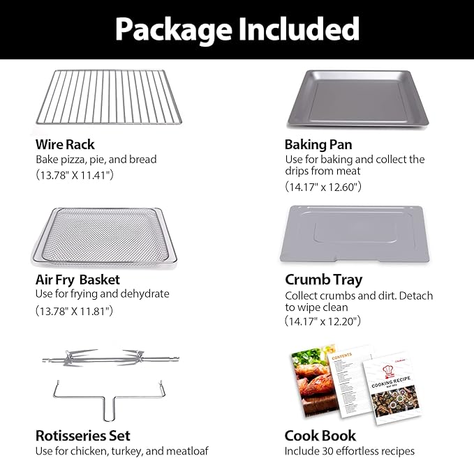 Beelicious 32QT Extra Large Air Fryer, 19-In-1 Air Fryer Toaster Oven Combo with Rotisserie and Dehydrator, Digital Convection Oven Countertop Airfryer Fit 13" Pizza, 6 Accessories, 1800w, Black