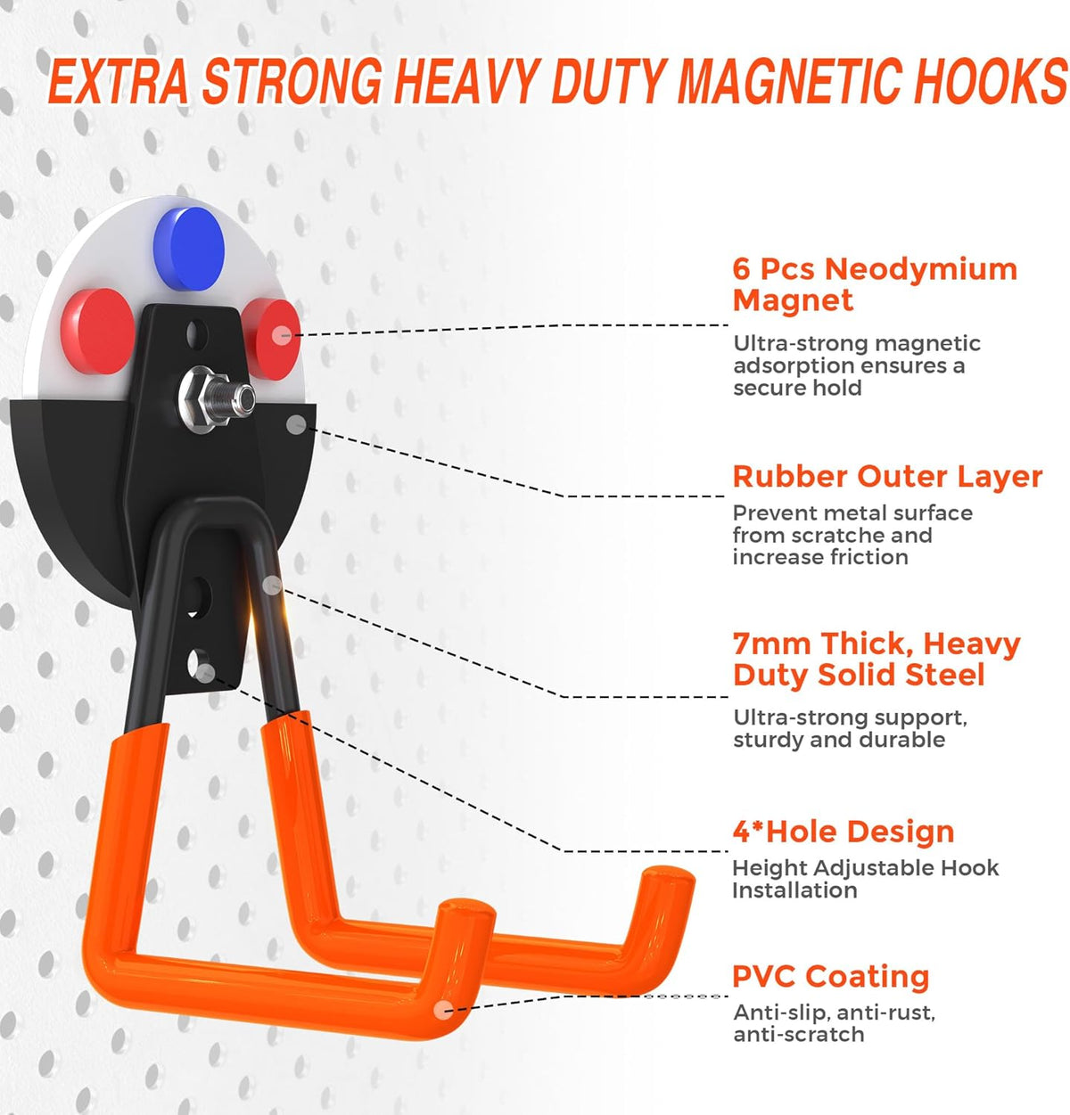 6Pcs Heavy Duty Storage Magnetic Utility Hooks Large Garage Strong Extra Magnet Hooks Hanger with Anti-Slip Coating Heavy Duty Magnetic Hooks for Hanging Power Dril Garage Garden Tools Orange