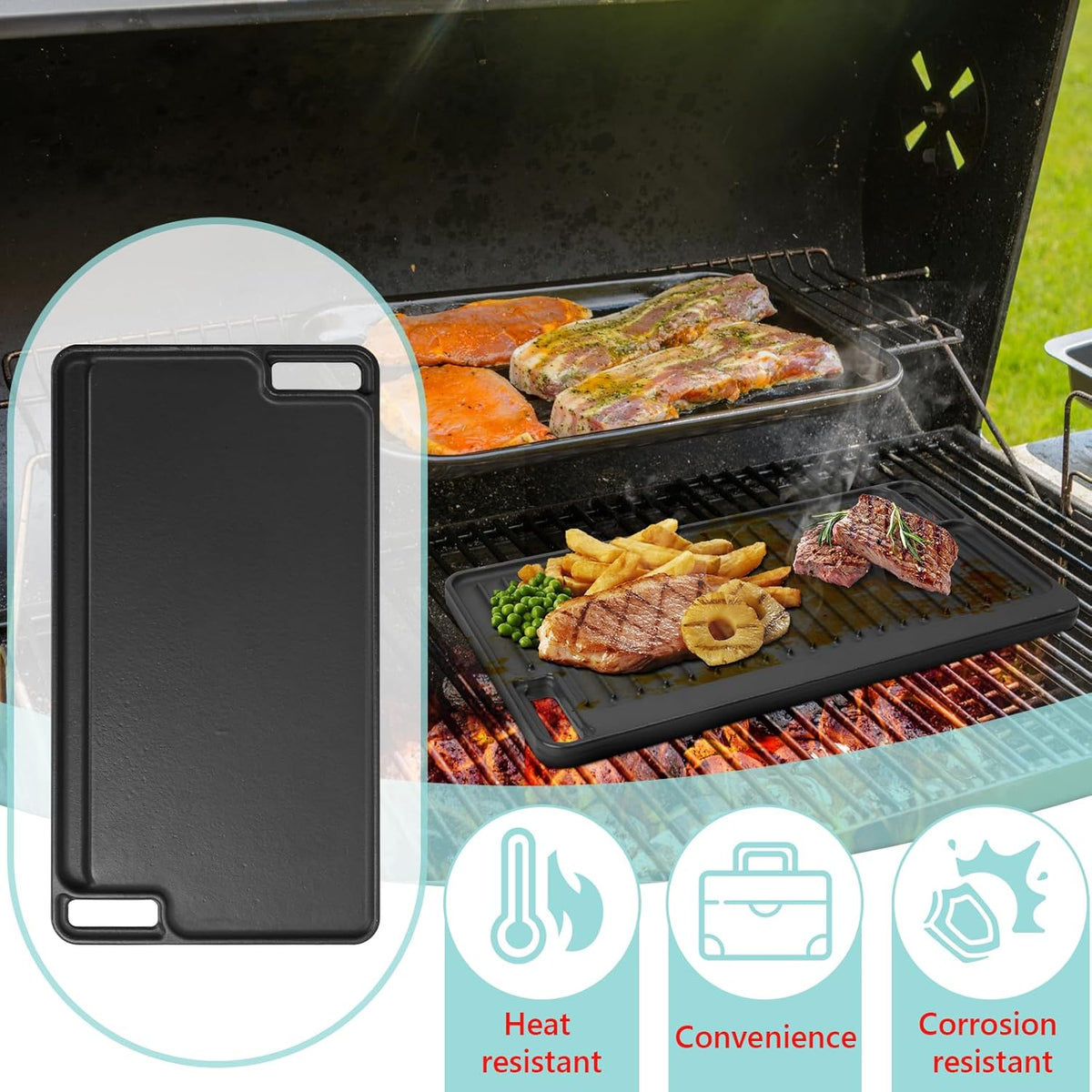 16.75" X 9.5" Reversible Cast Iron Griddle for Gas Grill, Flat Griddle Pan for Gas Stove, Pre-Seasoned Oven Top Grill pan,Upgrade Double Burner Griddle for Indoor & Outdoor Cooking Accessories