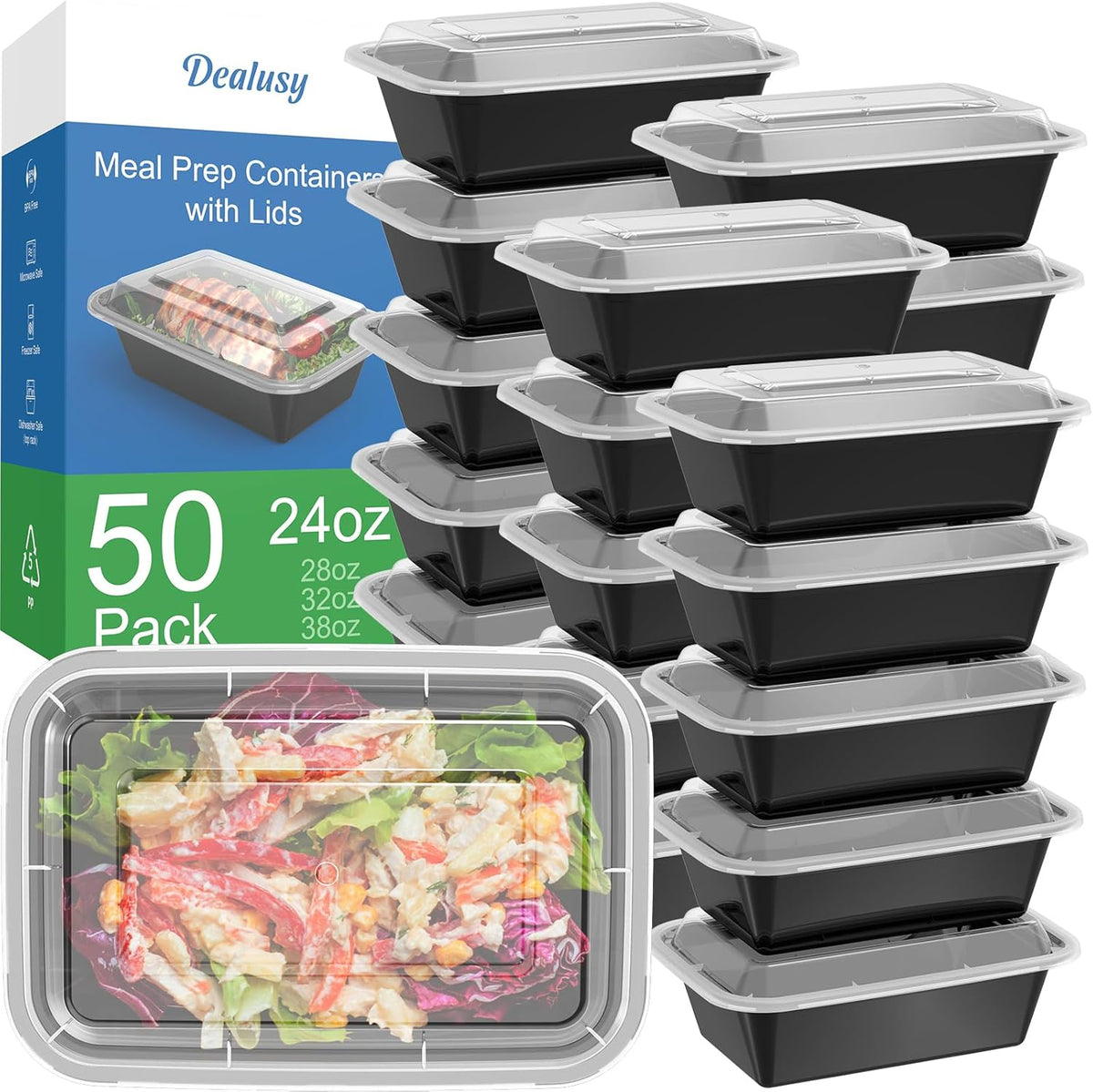 50 Pack (100-Piece) 24 oz Meal Prep Containers Reusable with Lids, Sturdy Leakproof & Food Safe, Microwave, Freezer, Dishwasher Safe Prep Containers, To Go Take Out Plastic Food Storage