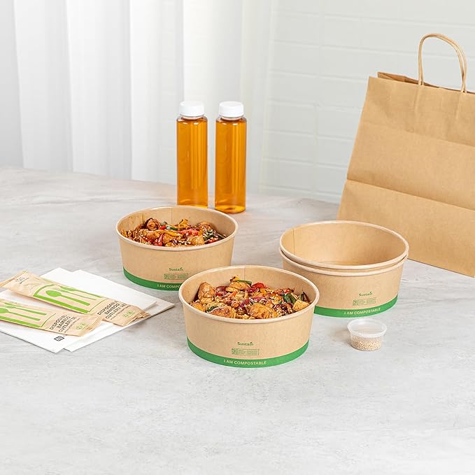 Restaurantware Compostable Paper Food Containers 50 Pack Of 50 oz BPI-Certified Round Kraft Salad Bowls Disposable Grease-Resistant Meal Prep Take Out Containers For Ice Creams, Soups, Snacks