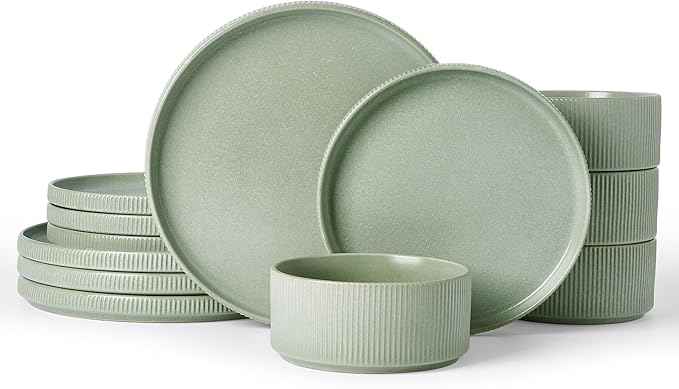 Famiware Star Dinnerware Set, Plates and Bowls Sets for 4 (12pcs), Ribbed Stoneware Dishes - Chip & Scratch Resistant, Microwave & Dishwasher Safe, Matte Sage Green
