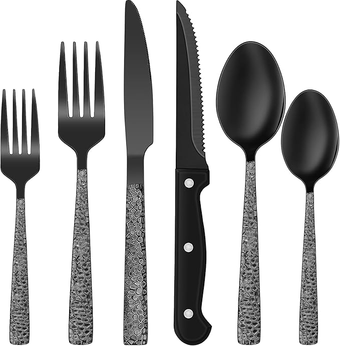 EWFEN 24-Piece Black Silverware Set with Steak Knives, Black Flatware Set for 4, Food-Grade Stainless Steel Tableware Cutlery Set, Mirror Finished Utensil Sets for Home Restaurant, Hammered Edge