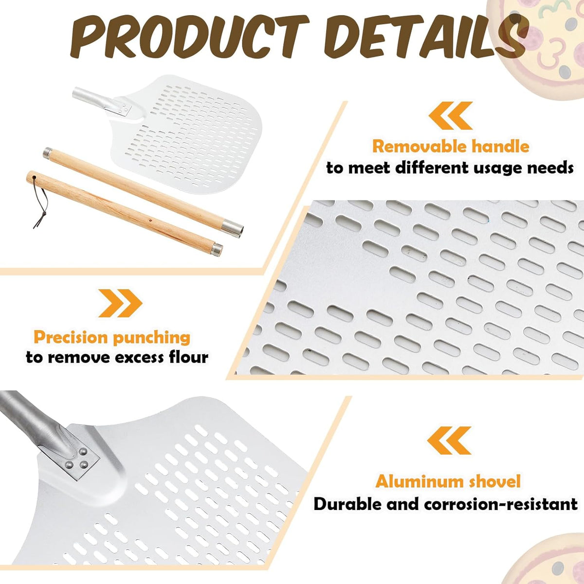 Maxdot 2 Pcs Perforated Pizza Peel 12 x 14 Inch Aluminum Pizza Spatula with Detachable Wood 52-inch Long Extendable Handle for Baking Homemade Pie Bread