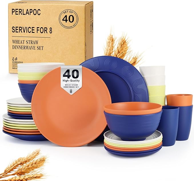 Wheat Straw Dinnerware Sets 40 PCS - Dishes Set for 8 Unbreakable Plates and Bowls Sets with Cups Dishwasher & Microwave Safe Lightweight Dinnerware for Kitchen Camping RV - Mondrian Colors