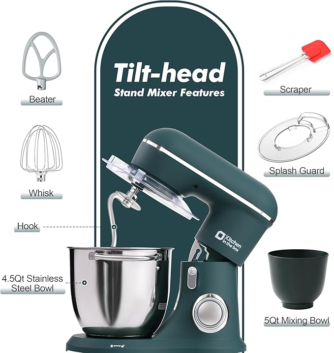 Kitchen in the box Stand Mixer, 4.5QT+5QT Two bowls Electric Food Mixer, 10 Speeds 3-IN-1 Kitchen Mixer for Daily Use with Egg Whisk,Dough Hook,Flat Beater (Turquoise Green, 5QT)