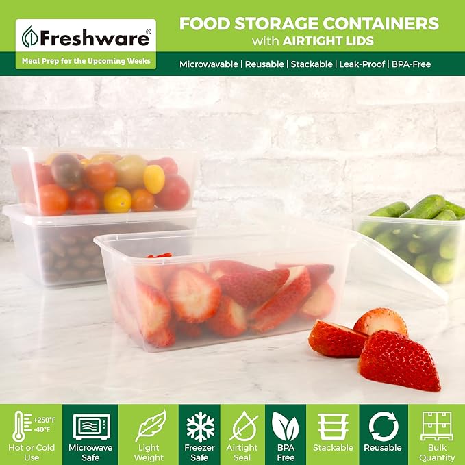 Freshware Food Storage Containers [50 Set] 34 oz Plastic Deli Containers with Lids, Slime, Soup, Meal Prep Containers, BPA Free, Stackable, Leakproof, Microwave, Dishwasher and Freezer Safe