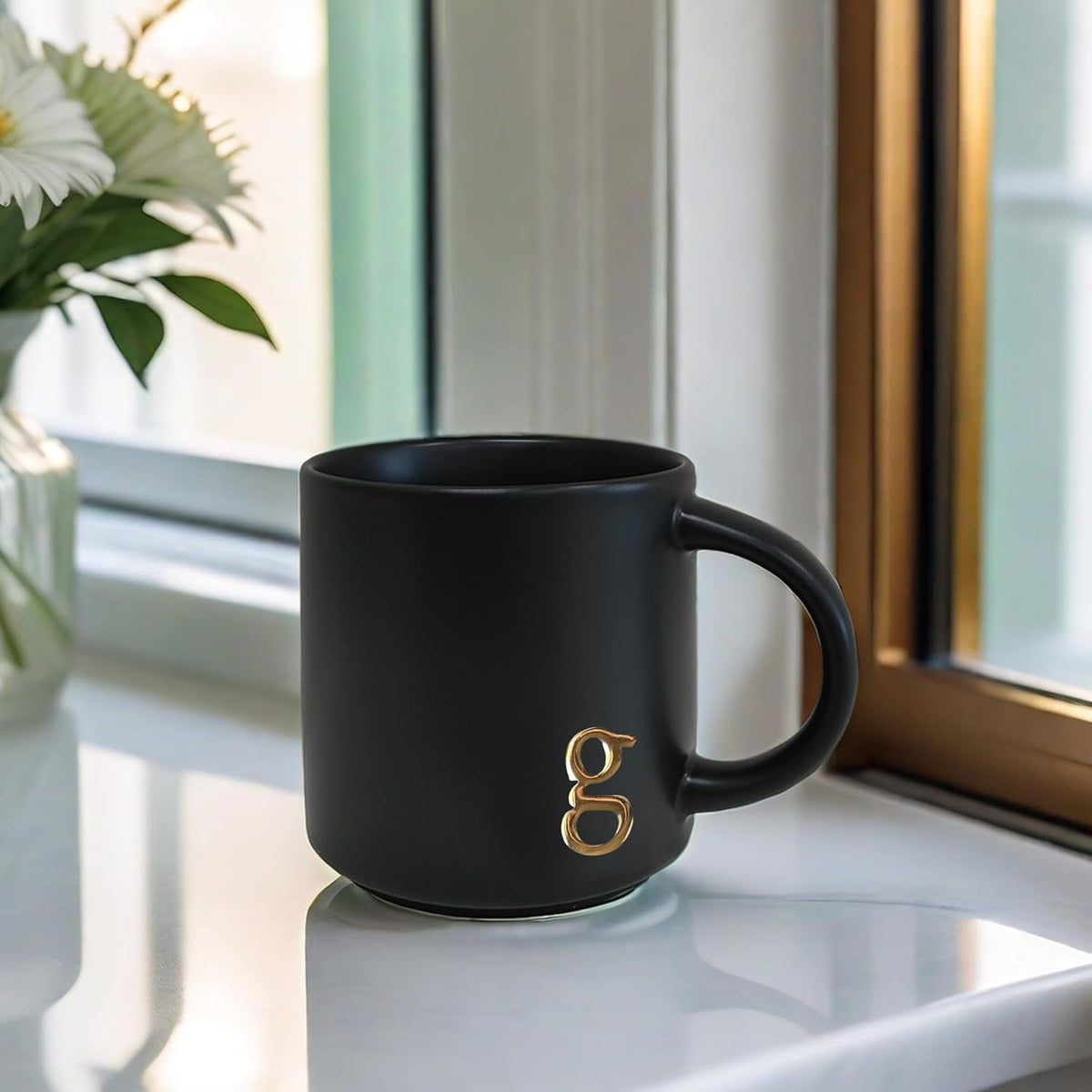 COLLECTIVE HOME - Black Monogram Ceramic Mugs, 15 oz Golden Initial Coffee Cups, Elegant Alphabet Tea Mugs, Personalized Halloween Mug with Gift Box, Perfect for Office and Home Décor (g)