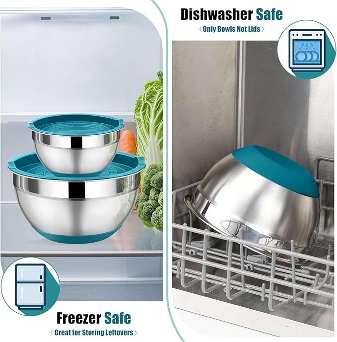 P&P CHEF Mixing Bowl with Lids Set of 3, Stainless Steel Nesting Salad Bowls for Serving Preparing, 3 Grater Attachments & Non-Slip Bottoms, Size 1.5/2.6/4.6 QT, Blue