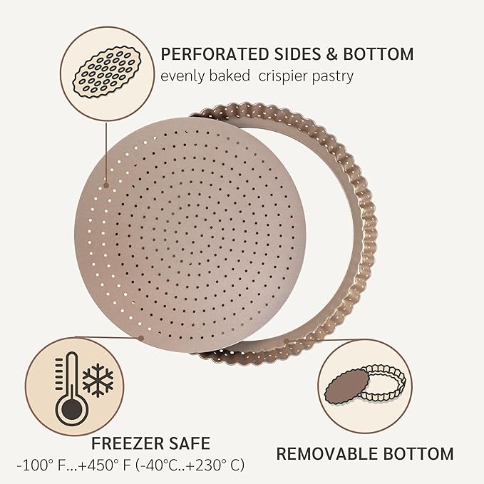HAPPIELS Nonstick 9 Inch Tart Pan with Removable Bottom | PFOA & BPA Free Non Toxic Fluted Pie & Quiche Tin | Best Perforated Non Stick Nontoxic 9in Molds with Holes for Baking