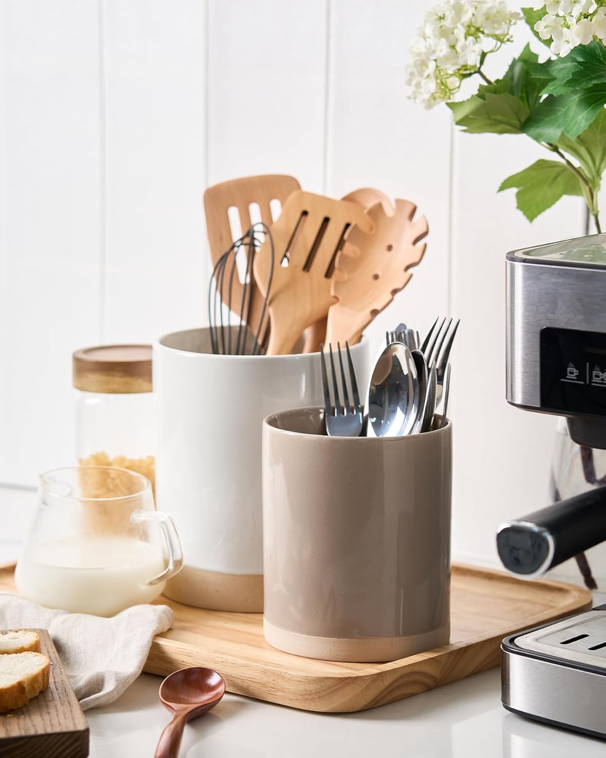 famiware Milkyway Kitchen Utensil Holder for Countertop, Ceramic Cooking Utensil Crocks for Kitchen Counter, Utensil Organizer for Spatula & Spoon, Set of 2, White and Cinnamon Brown